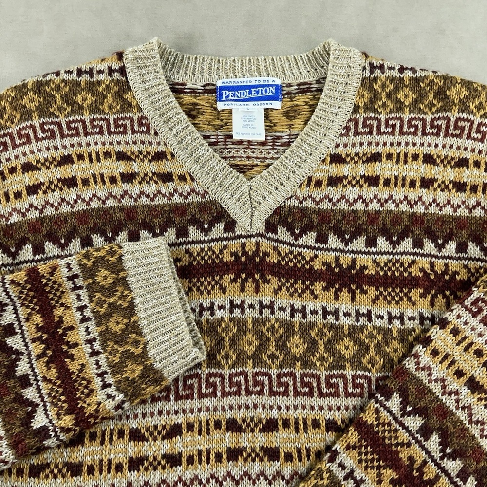 Vintage Pendleton Fair Isle Sweater Women's Small V-Neck Brown‎ Wool Acrylic 90s